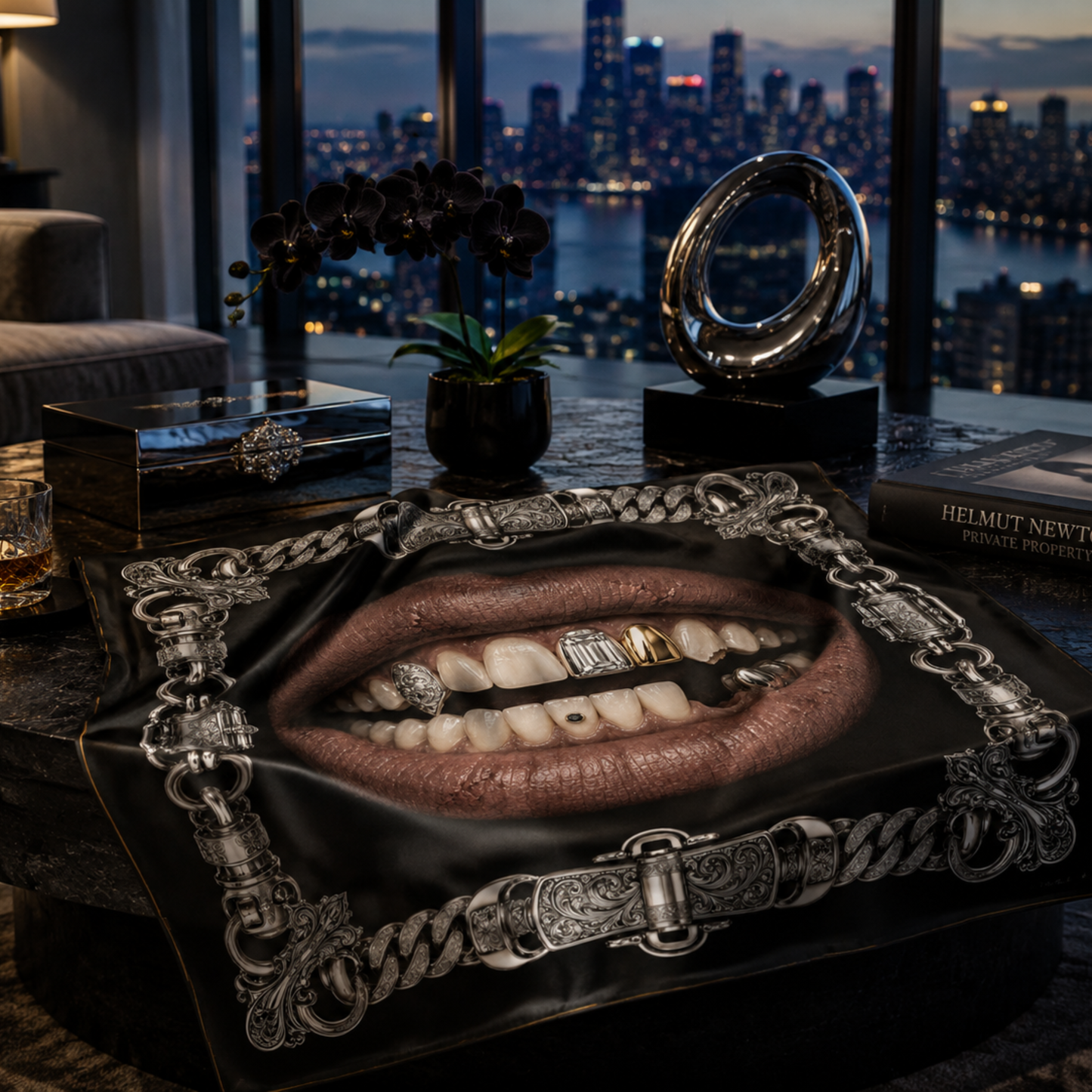 The Broken King faux silk carré scarf – lifestyle styling