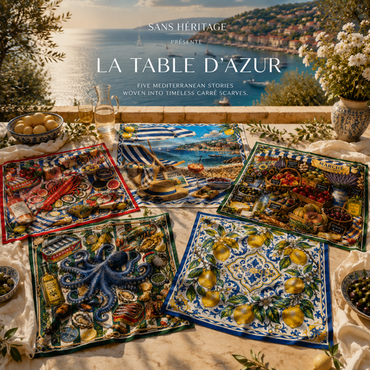 La Table d'Azur campaign – five French Riviera faux silk carré scarves on a Mediterranean terrace table