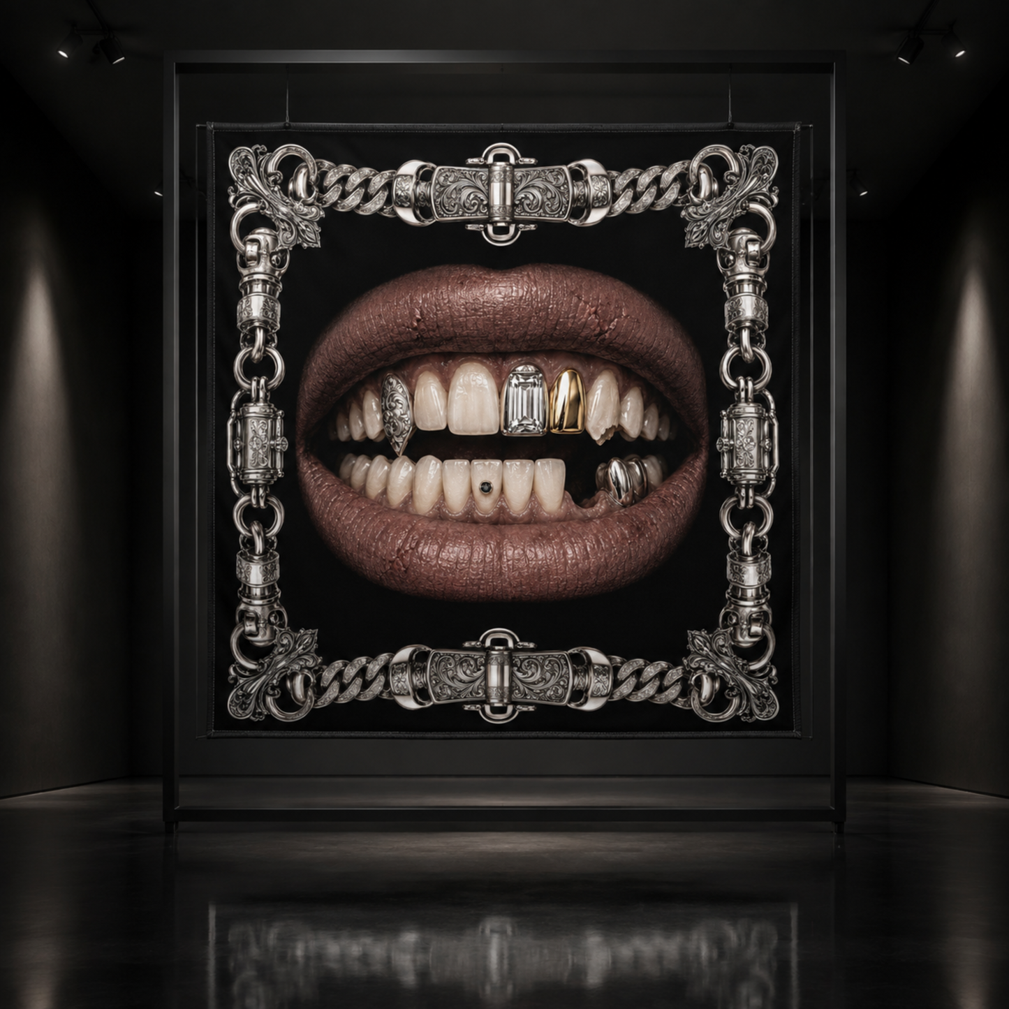 The Broken King faux silk carré scarf – gallery display