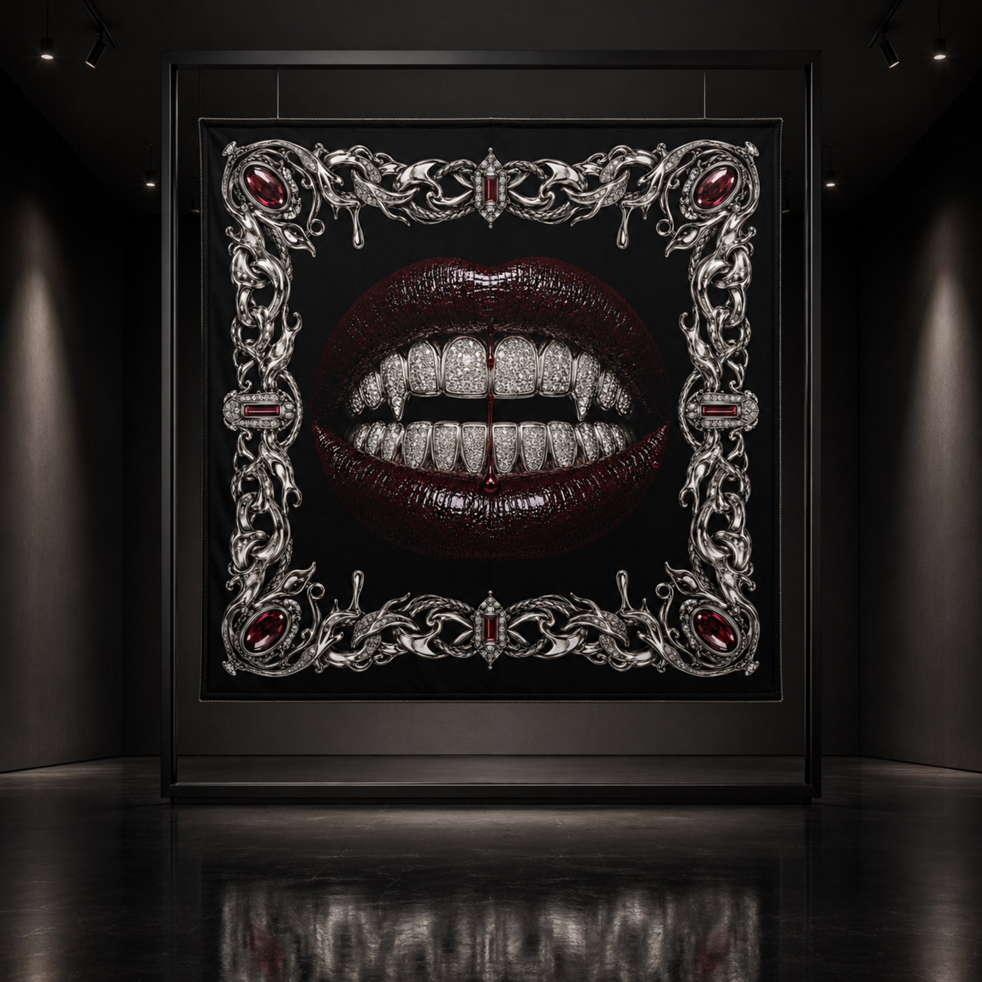Bleeding Luxury faux silk carré scarf – gallery display