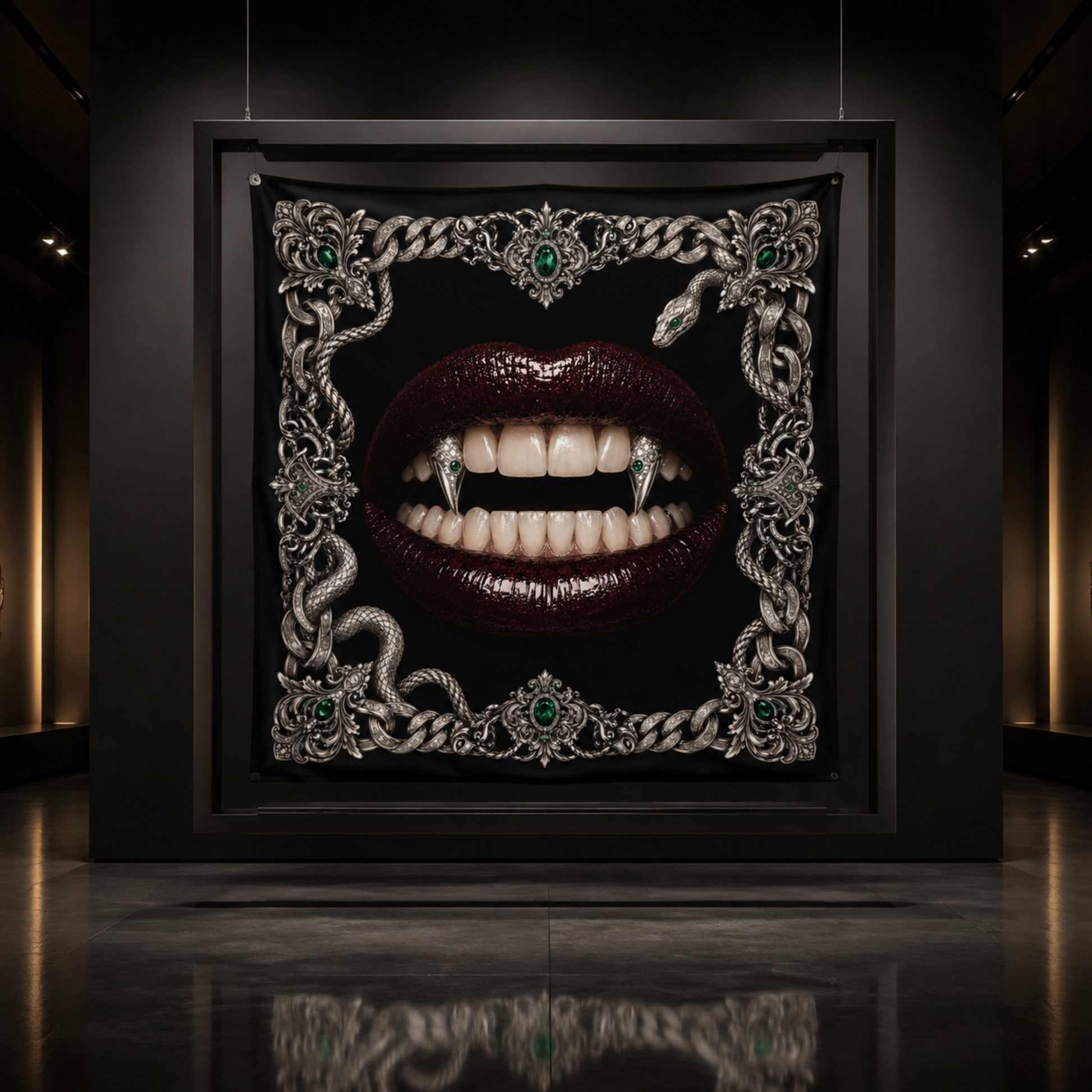 The Serpent faux silk carré scarf – gallery display