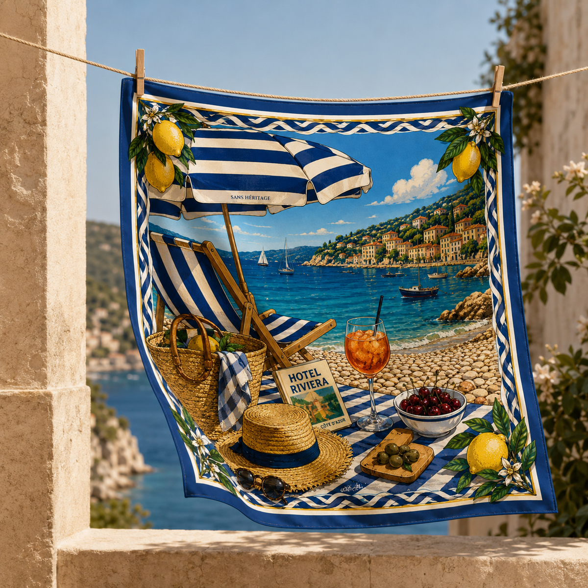 La Plage Riviera faux silk carré scarf – full artwork, French Riviera beach illustration