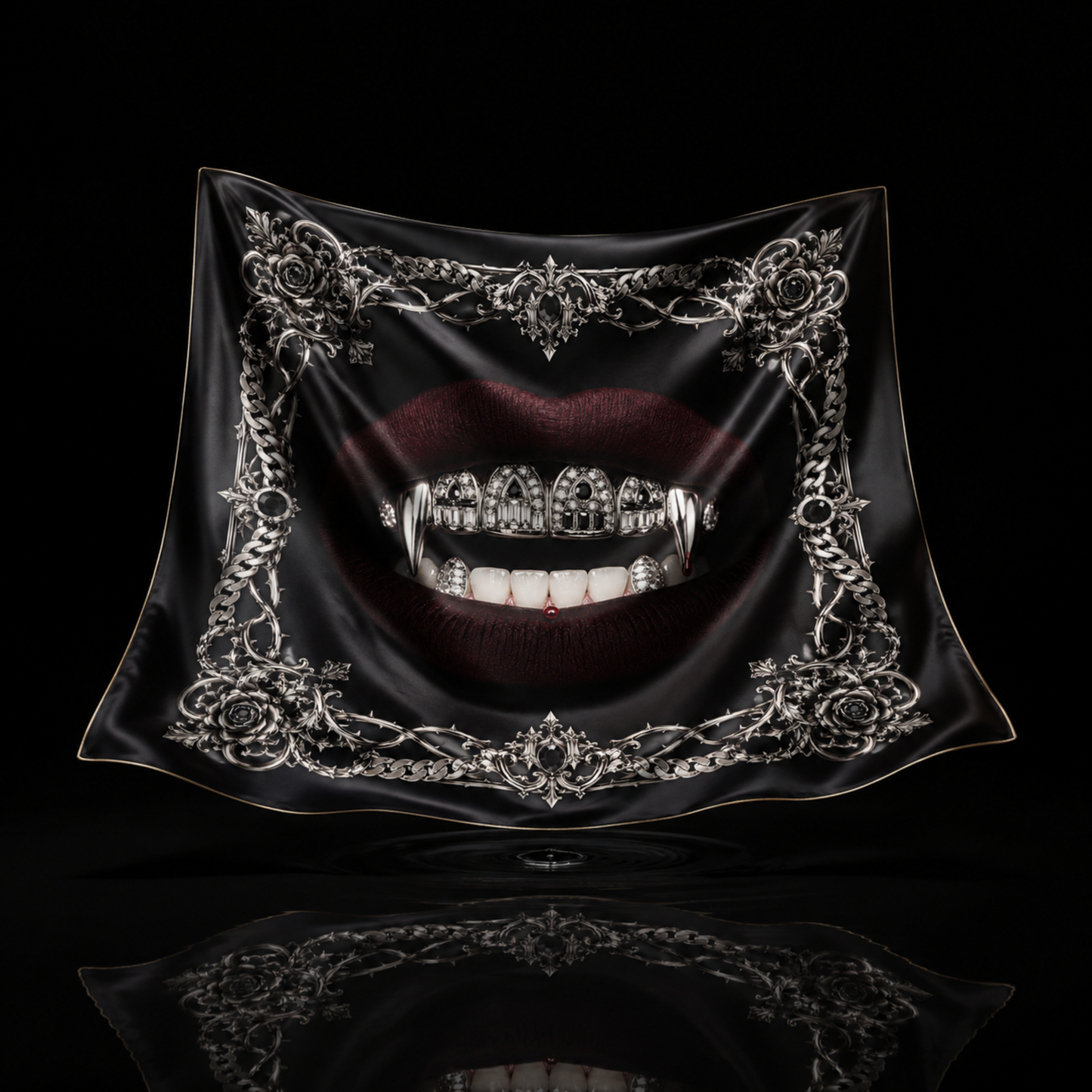 The Vampire faux silk carré scarf – flat lay