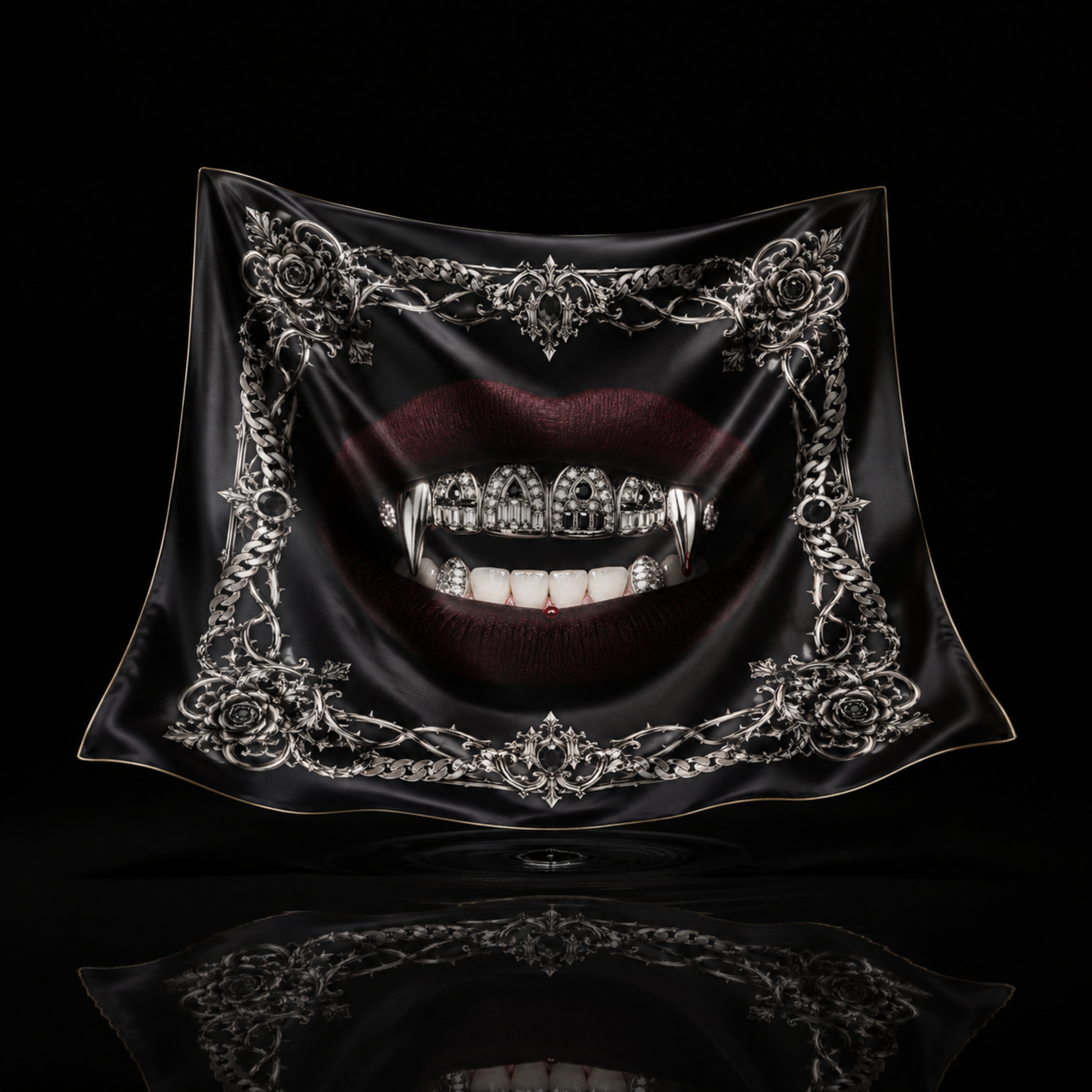 The Vampire faux silk carré scarf – flat lay