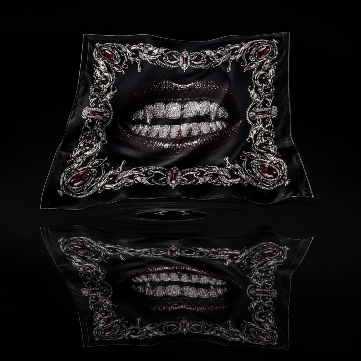 Bleeding Luxury faux silk carré scarf – flat lay