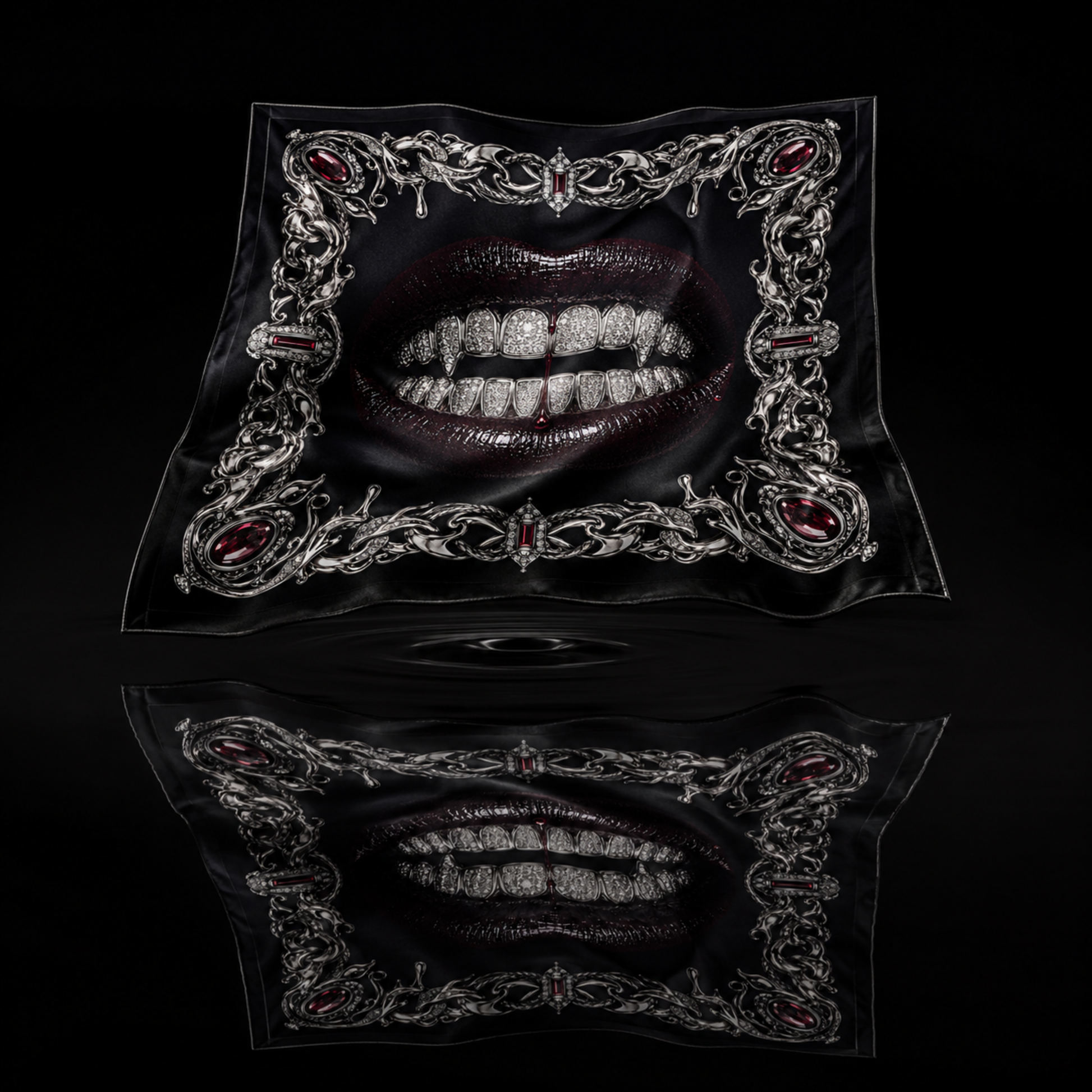 Bleeding Luxury faux silk carré scarf – flat lay