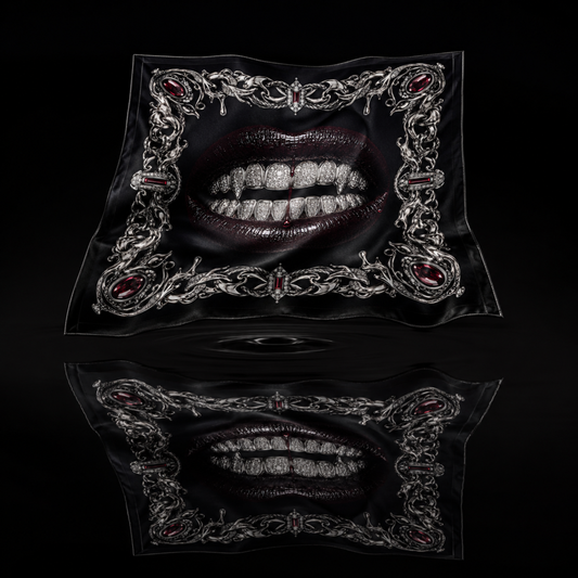 Bleeding Luxury faux silk carré scarf – flat lay