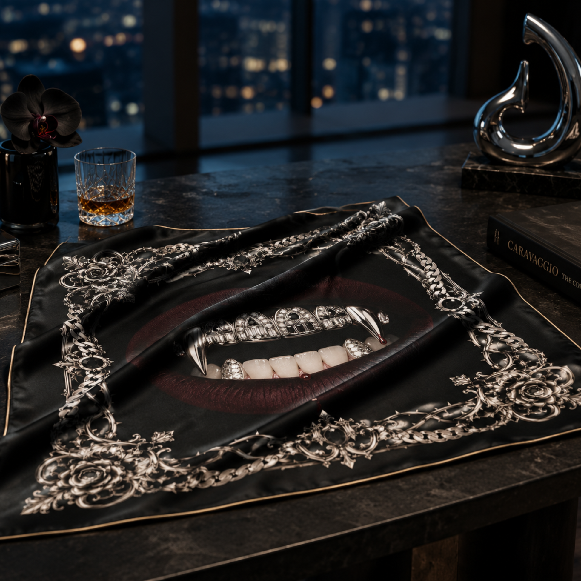 The Vampire faux silk carré scarf – lifestyle styling