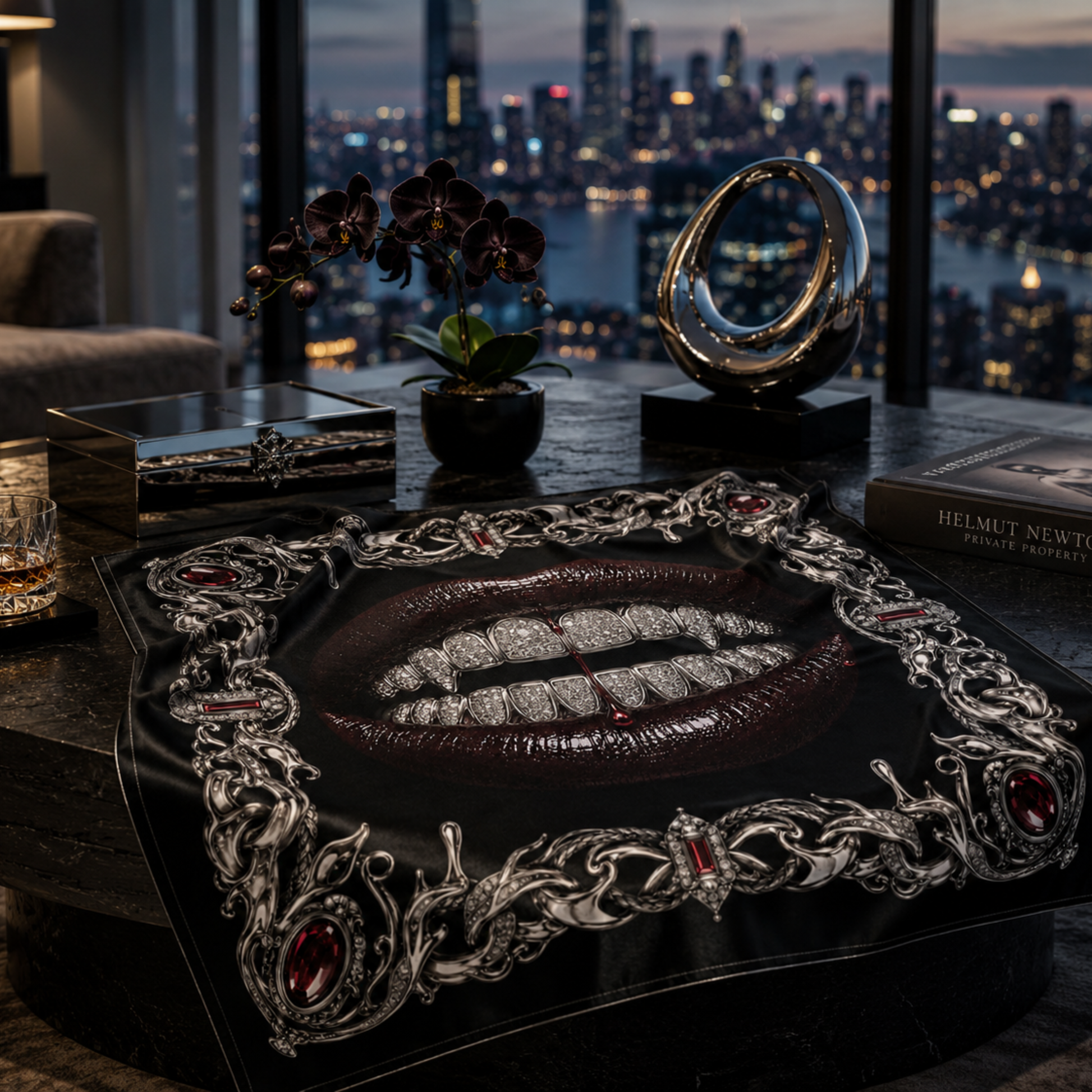 Bleeding Luxury faux silk carré scarf – lifestyle styling
