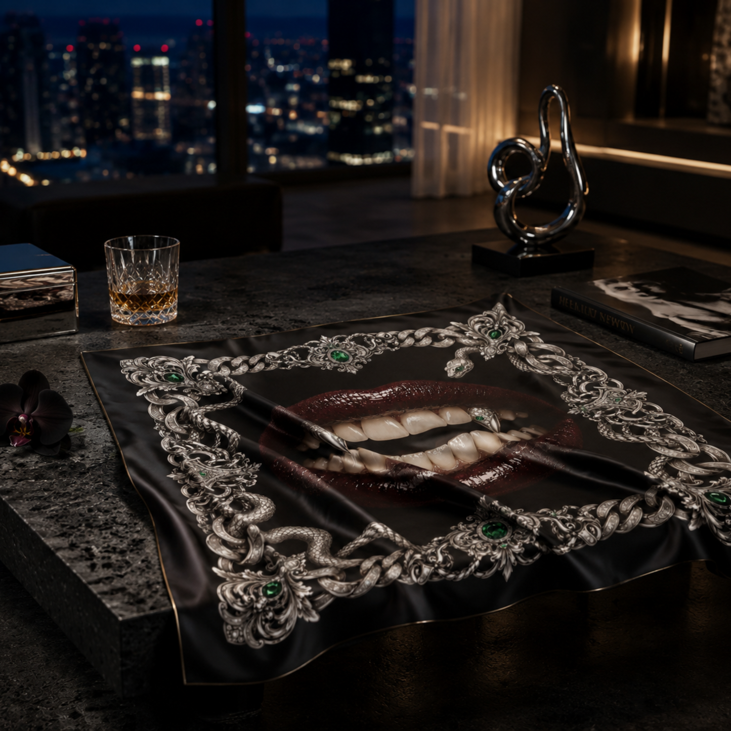 The Serpent faux silk carré scarf – lifestyle styling