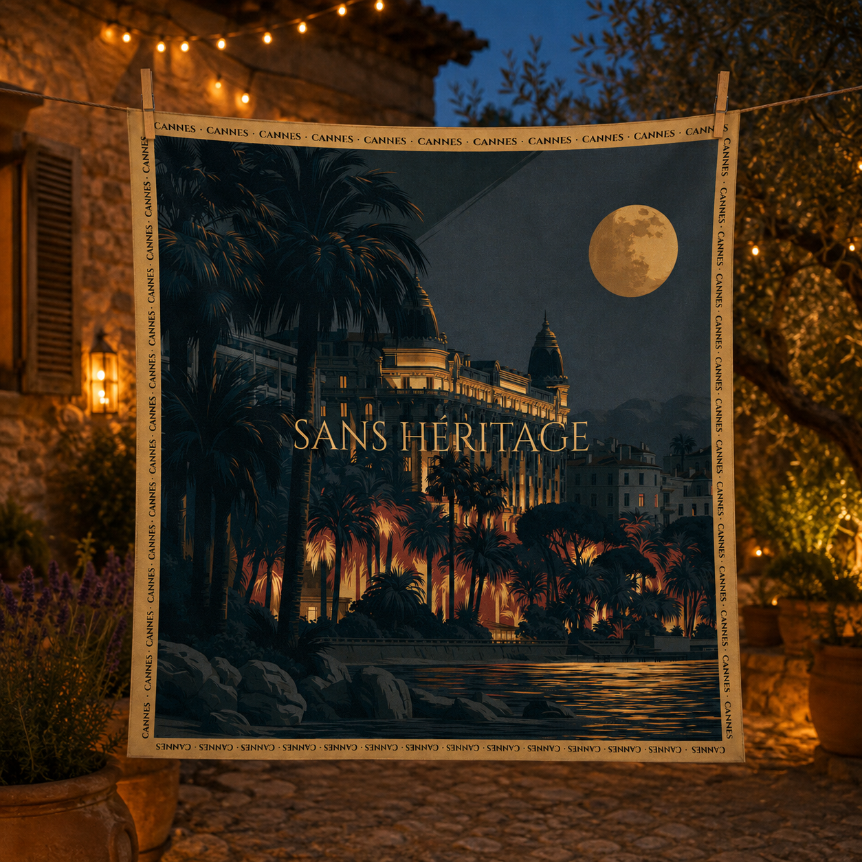Cannes silk carré scarf – front view of the moonlit night design – Sans Héritage