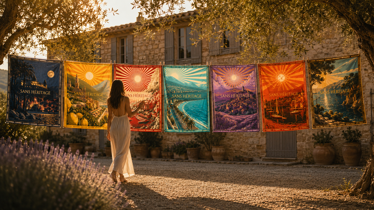 Sans Héritage faux silk carré scarf draped in a French Riviera coastal setting
