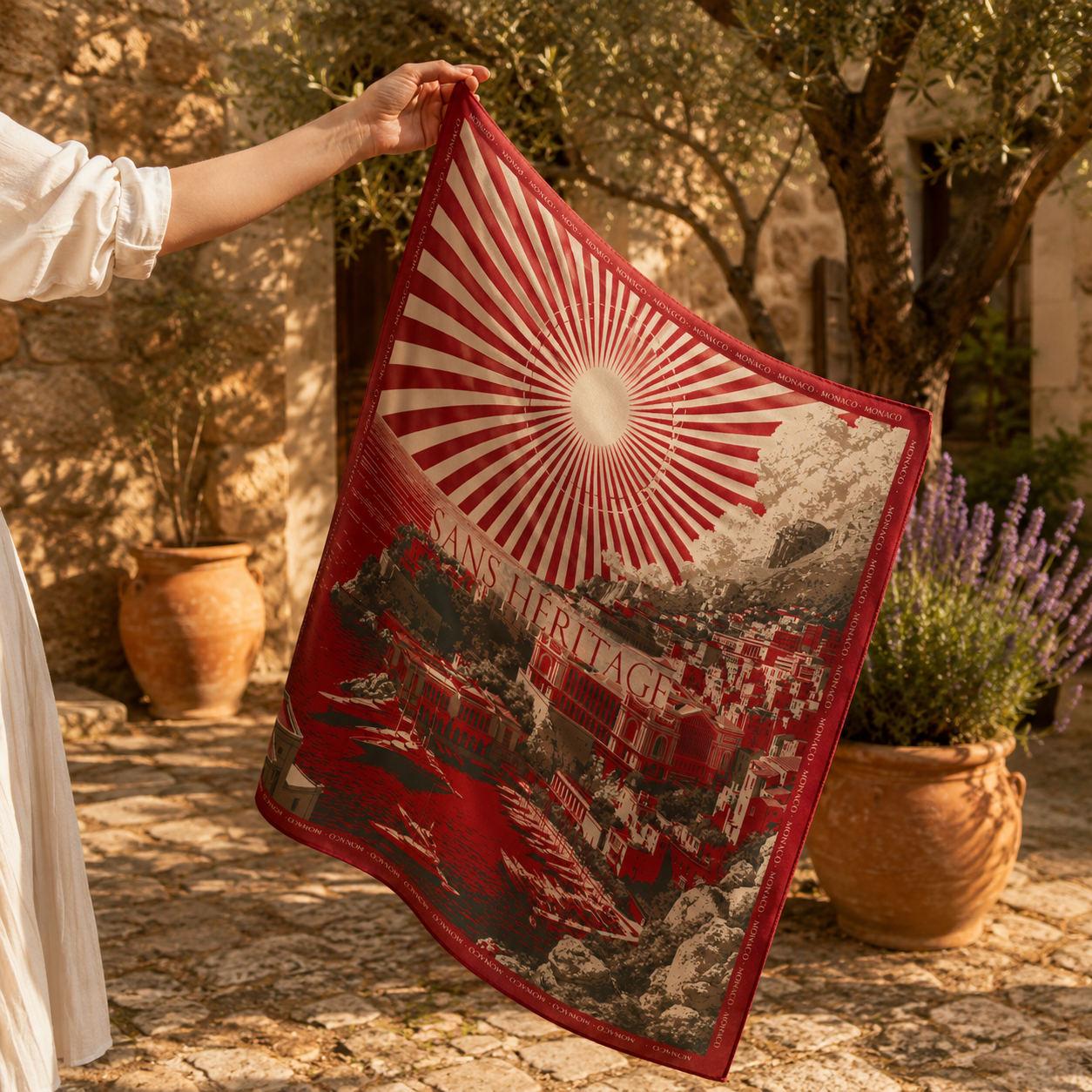 Monaco silk carré scarf – shown at scale – Sans Héritage