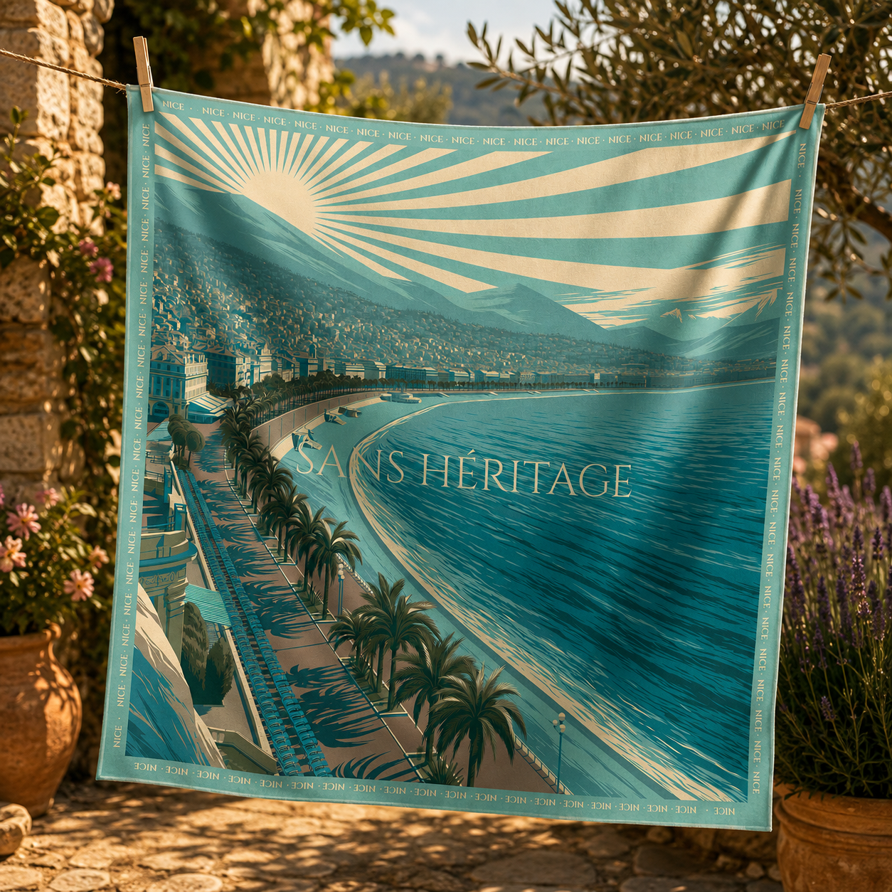 Nice silk carré scarf – front view of the turquoise Promenade design – Sans Héritage