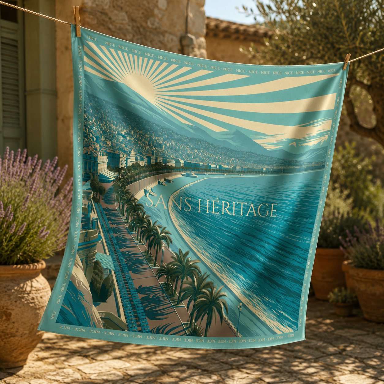 Nice silk carré scarf – three-quarter angle view – Sans Héritage