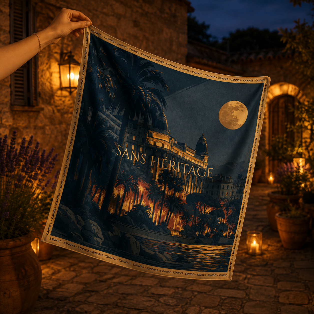 Cannes silk carré scarf – shown at scale – Sans Héritage