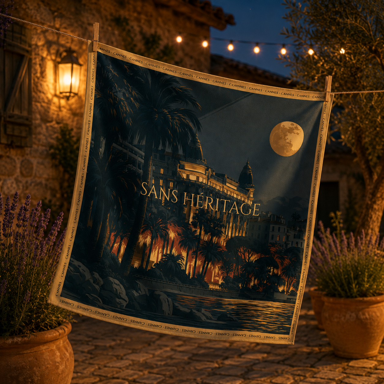 Cannes silk carré scarf – three-quarter angle view – Sans Héritage