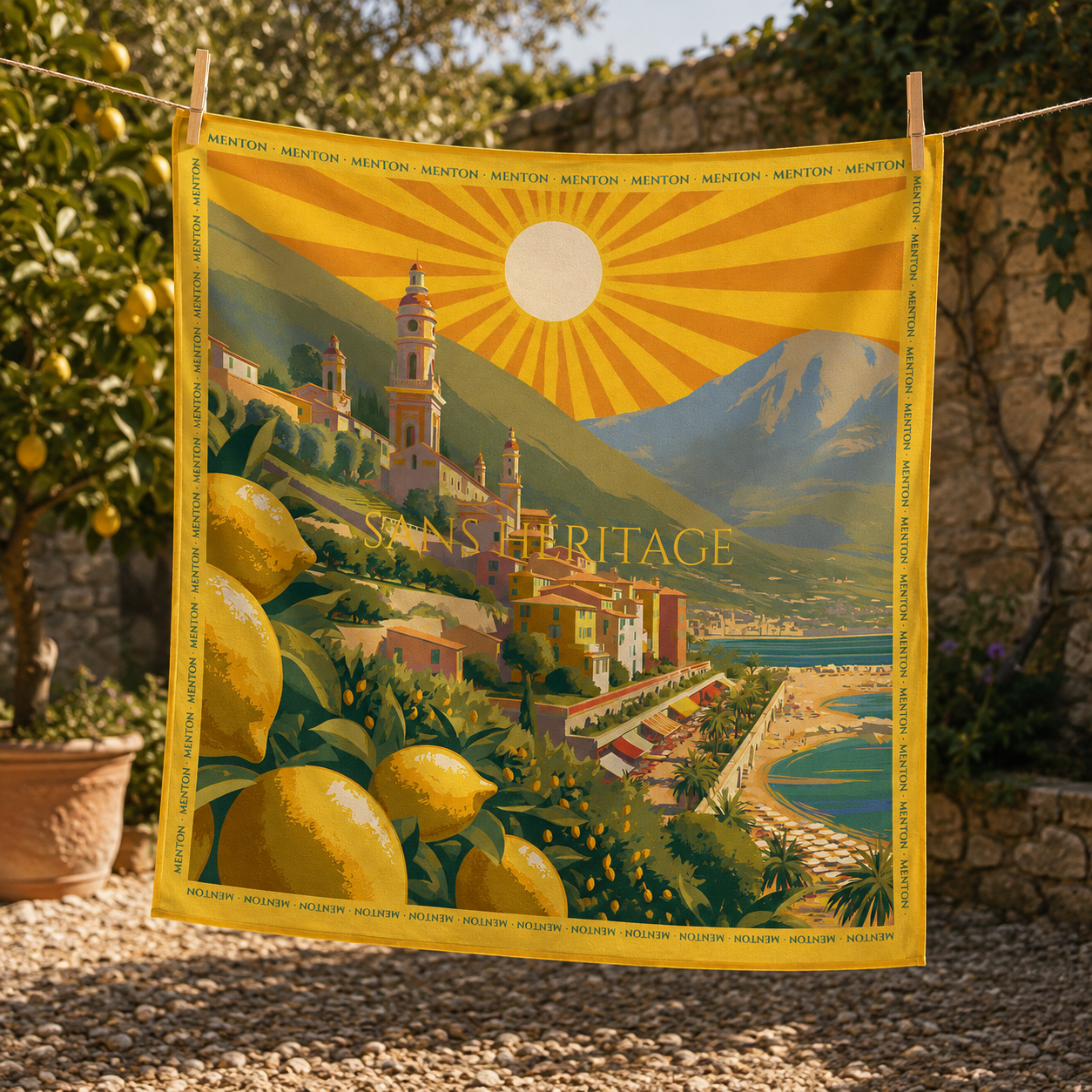 Menton silk carré scarf – front view of the yellow lemon grove design – Sans Héritage