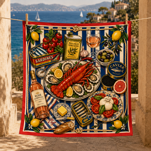 Le Grand Plateau faux silk carré scarf – full artwork, Mediterranean seafood platter illustration