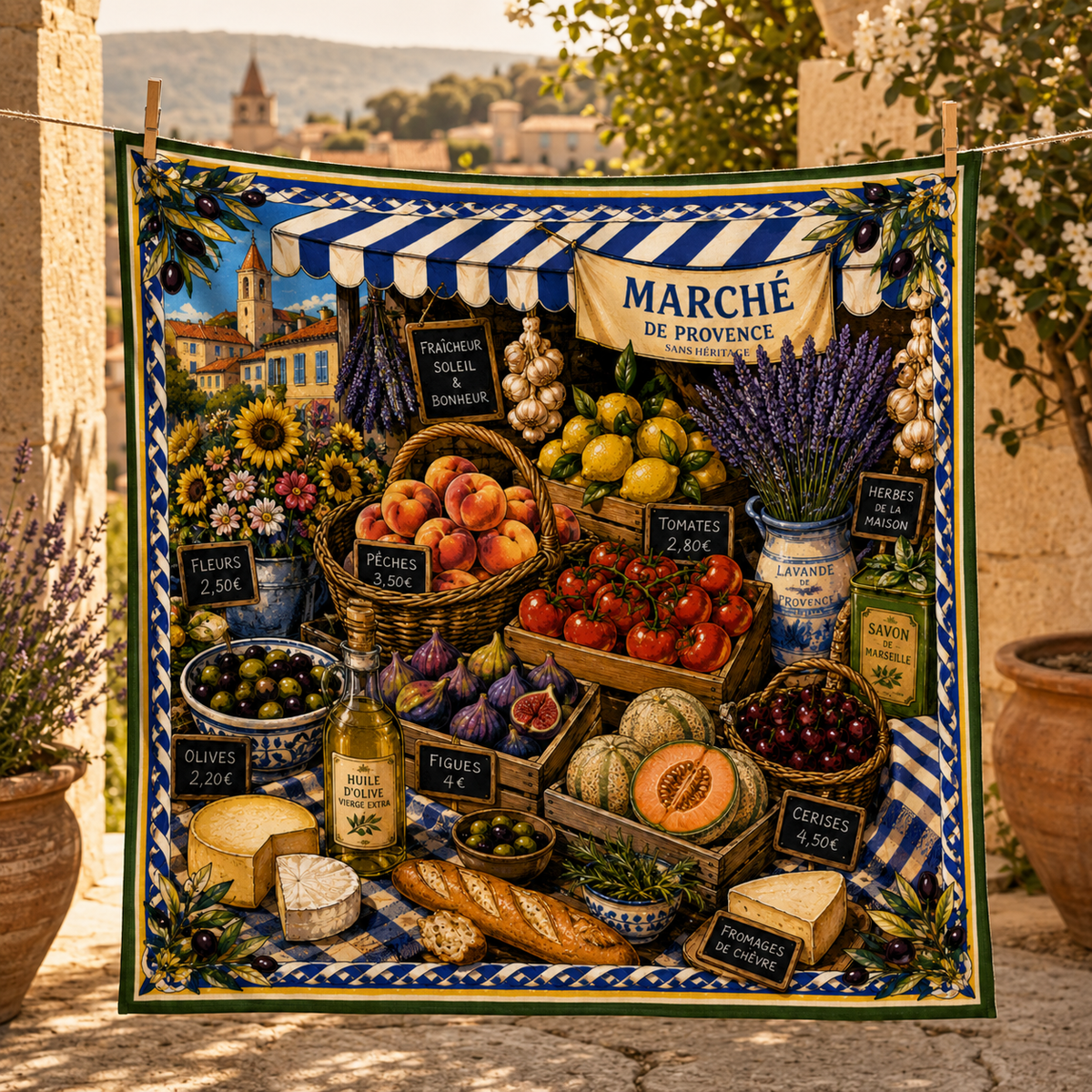 Le Marché Provençal faux silk carré scarf – full artwork, Provence village market illustration