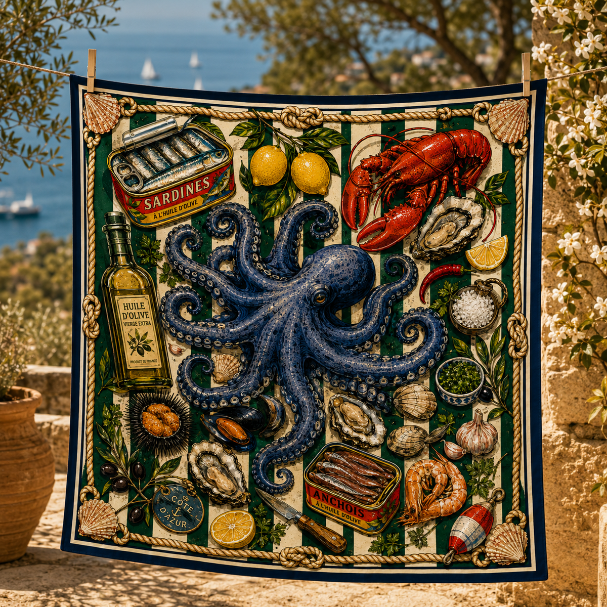 Le Poulpe Bleu faux silk carré scarf – full artwork, blue octopus Mediterranean illustration