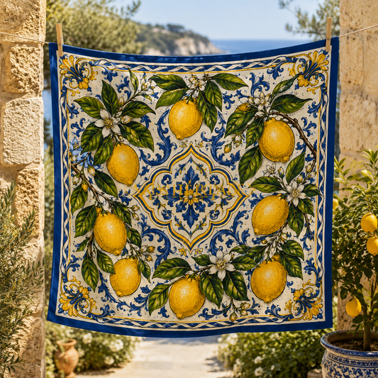 Les Citrons d'Azur faux silk carré scarf – full artwork, Riviera citrus garden illustration