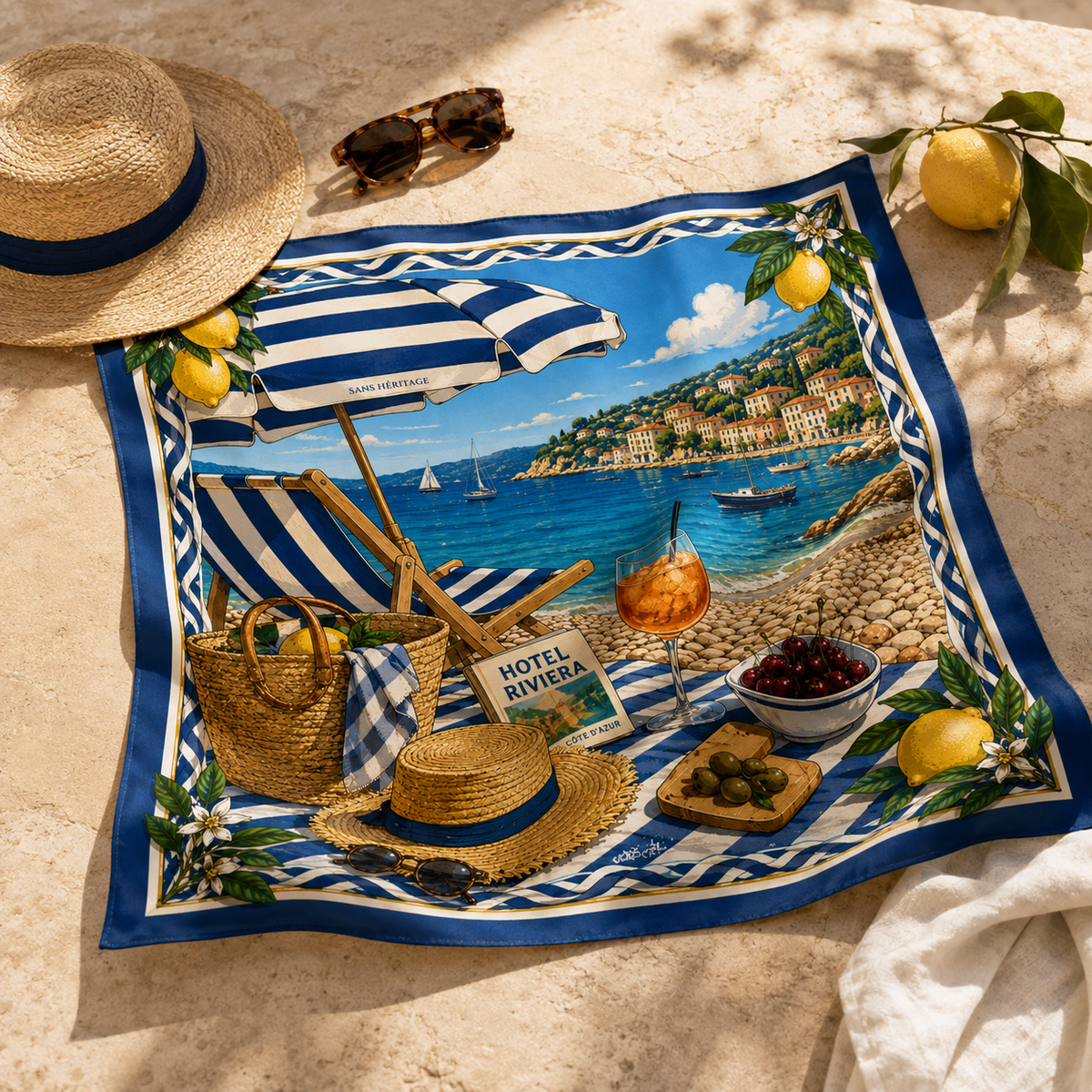 La Plage Riviera faux silk carré scarf – styled detail