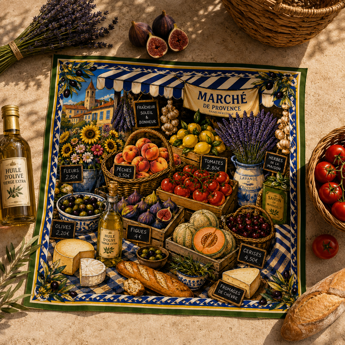 Le Marché Provençal faux silk carré scarf – styled detail