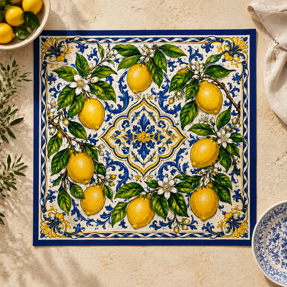 Les Citrons d'Azur faux silk carré scarf – styled detail
