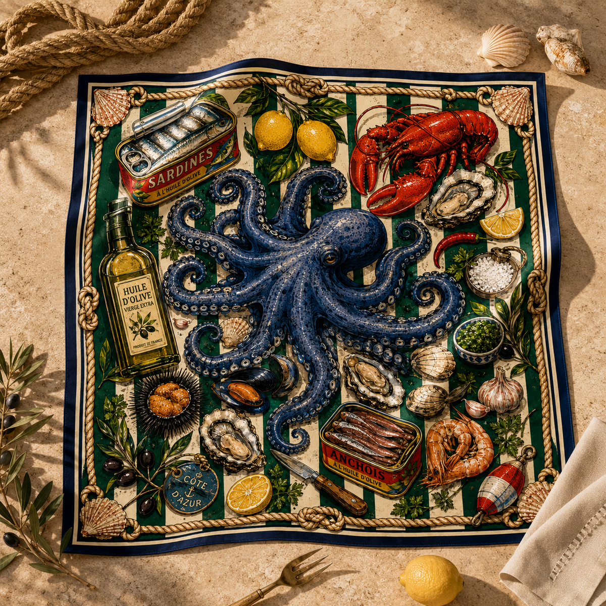 Le Poulpe Bleu faux silk carré scarf – styled detail
