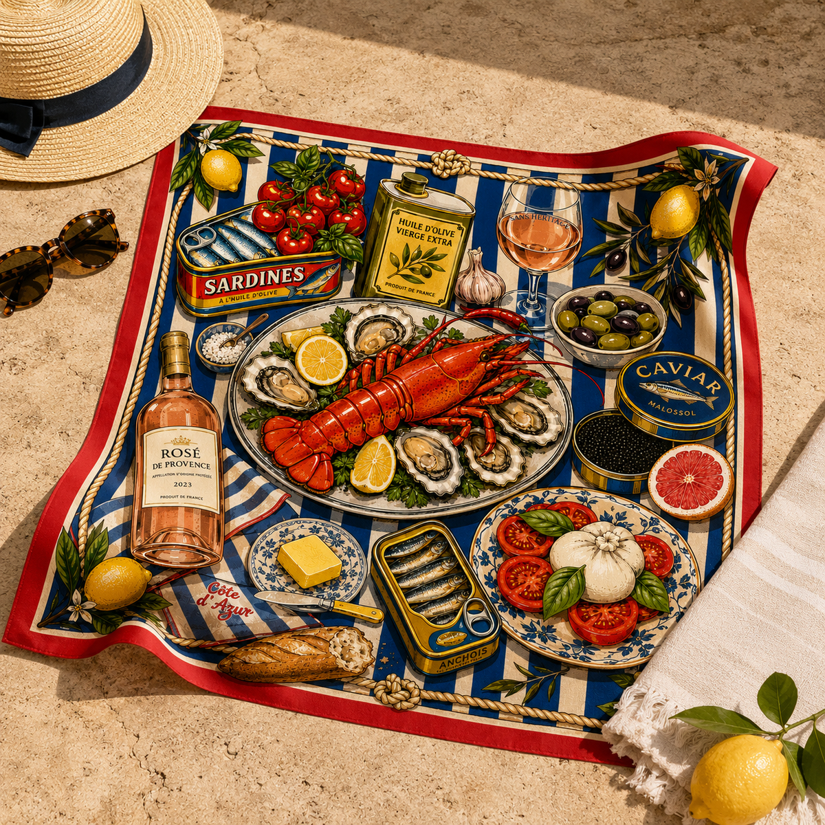 Le Grand Plateau faux silk carré scarf – styled detail