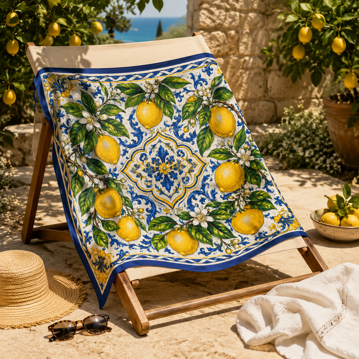 Les Citrons d'Azur faux silk carré scarf – fabric detail