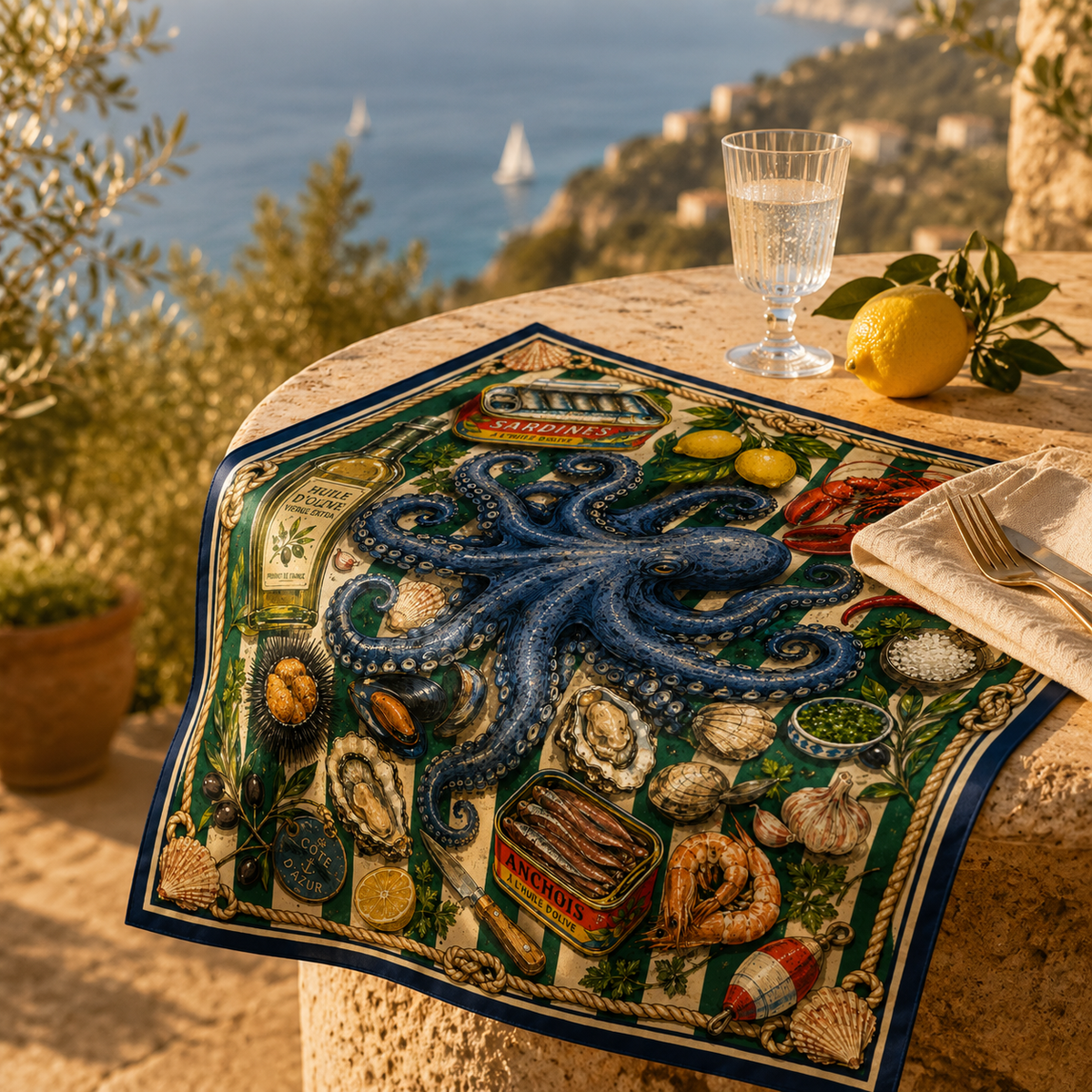 Le Poulpe Bleu faux silk carré scarf – lifestyle styling