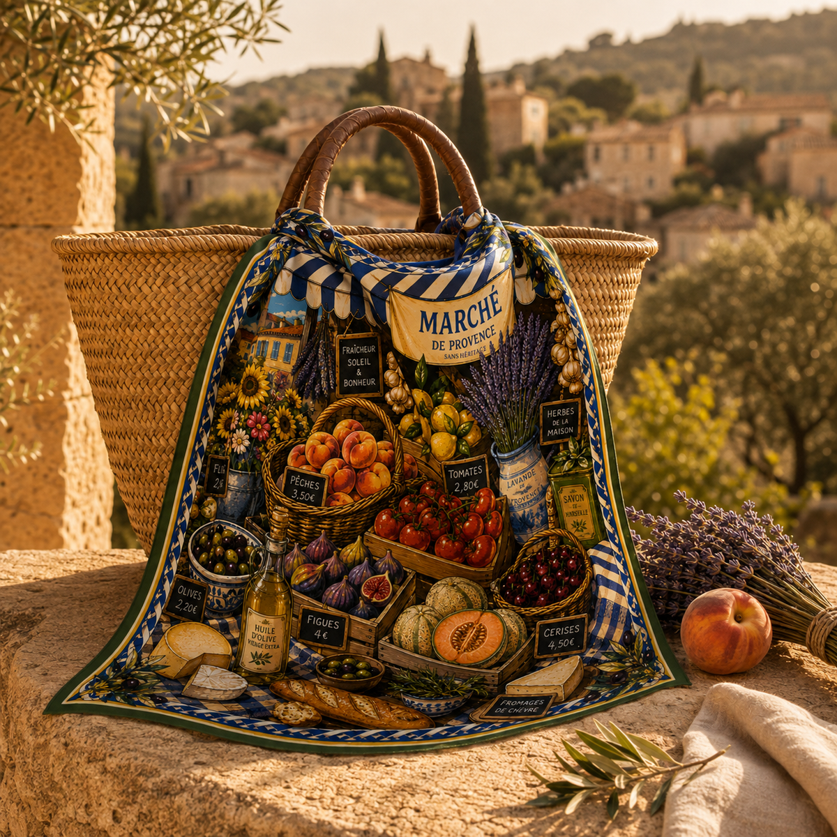 Le Marché Provençal faux silk carré scarf – lifestyle styling