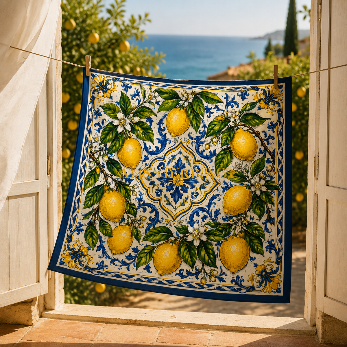 Les Citrons d'Azur faux silk carré scarf – lifestyle styling