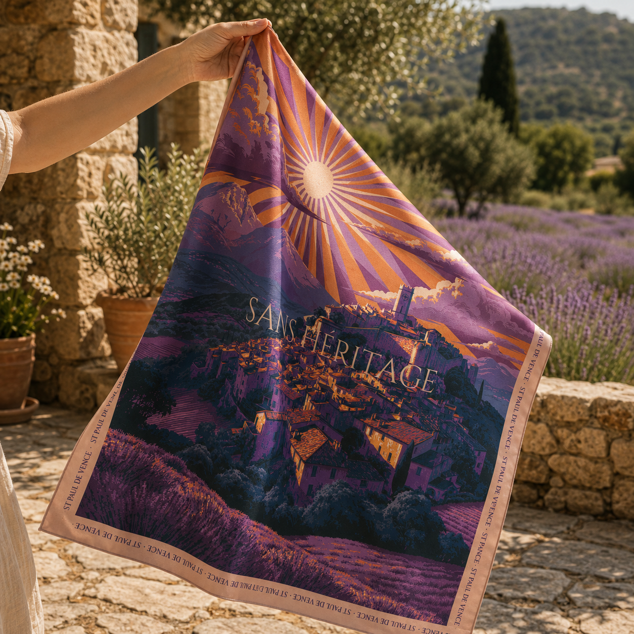 Saint-Paul de Vence silk carré scarf – shown at scale – Sans Héritage
