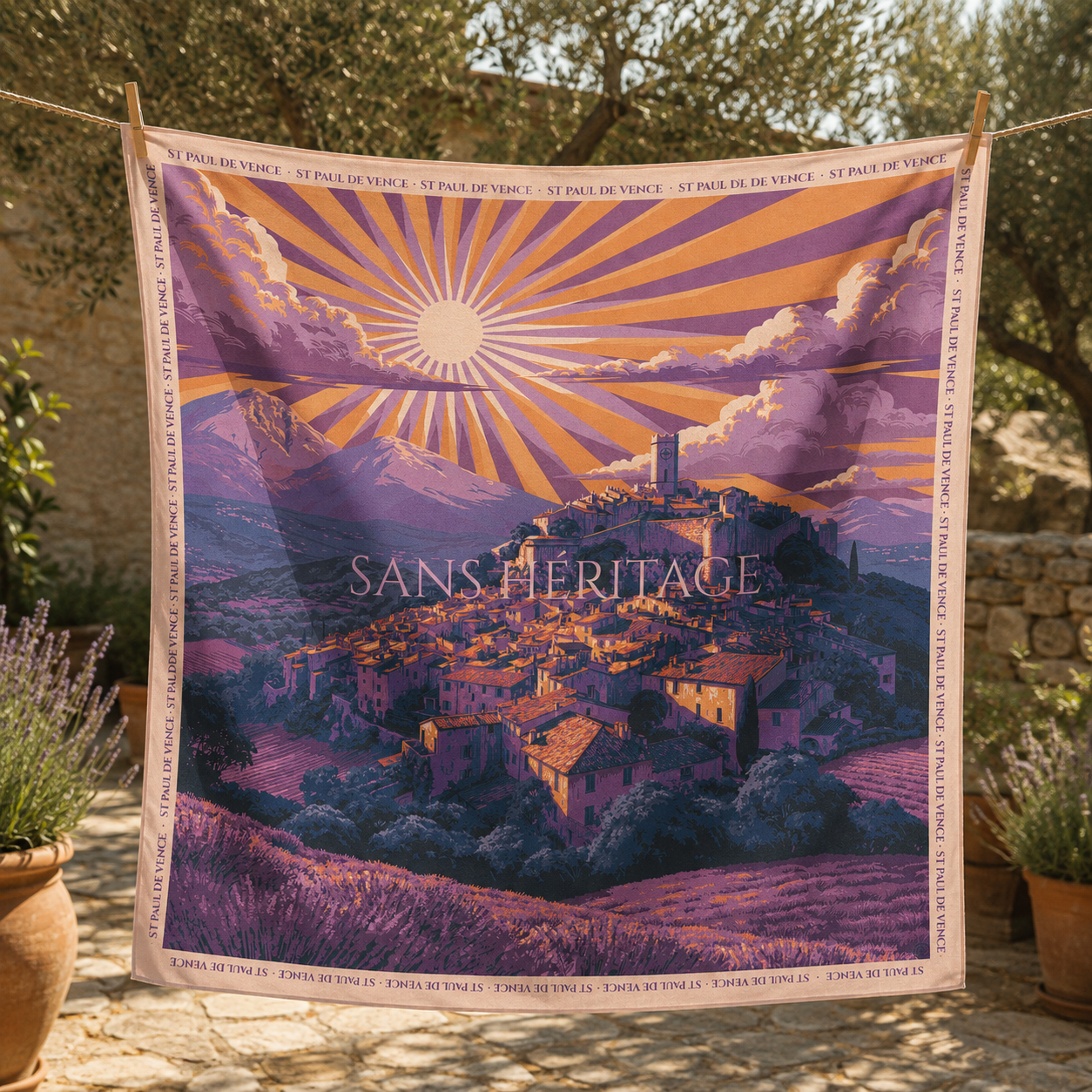 Saint-Paul de Vence silk carré scarf – front view of the lavender hilltop design – Sans Héritage