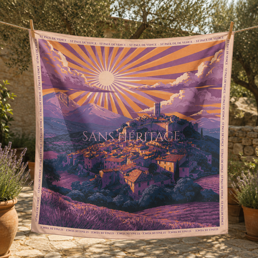 Saint-Paul de Vence silk carré scarf – front view of the lavender hilltop design – Sans Héritage