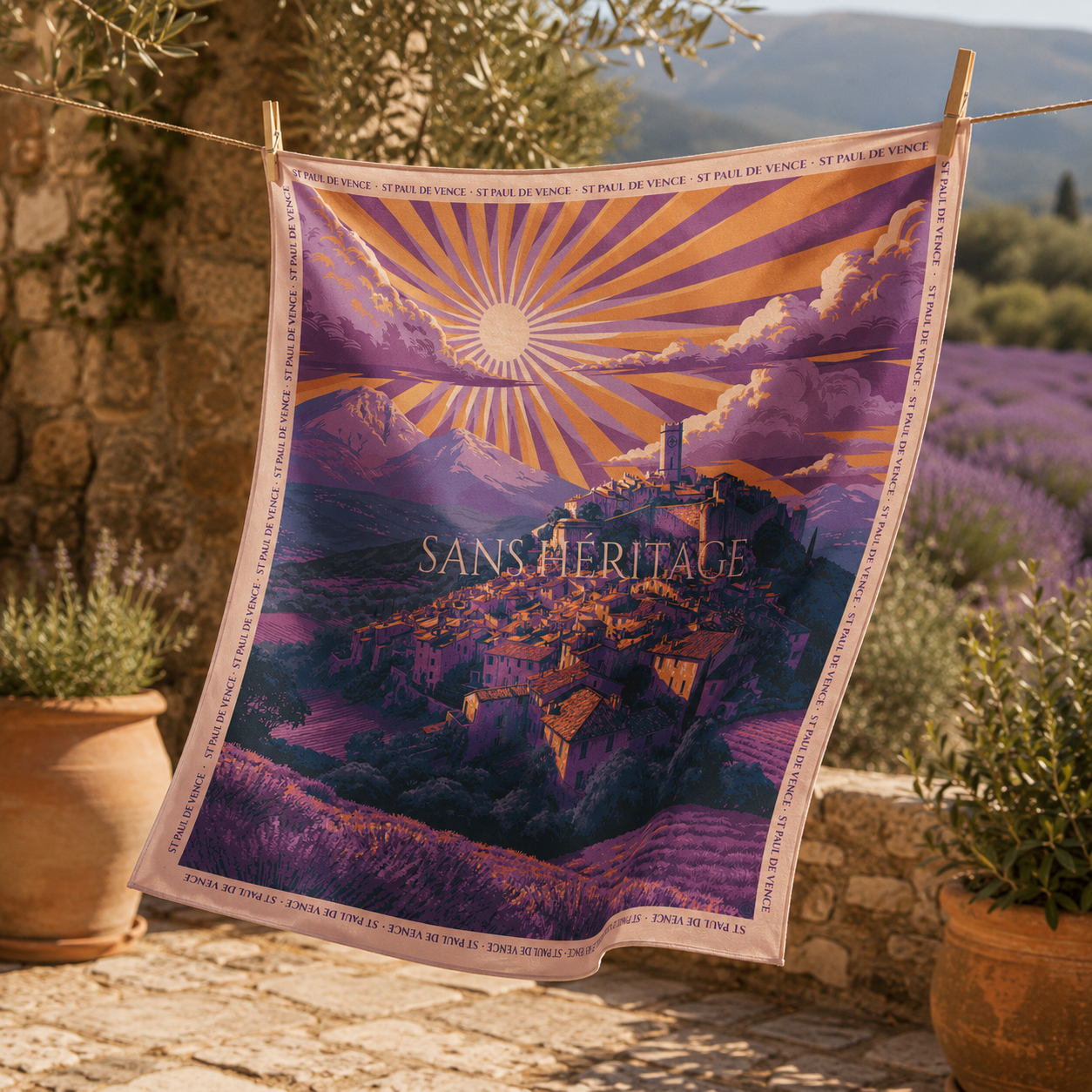 Saint-Paul de Vence silk carré scarf – three-quarter angle view – Sans Héritage