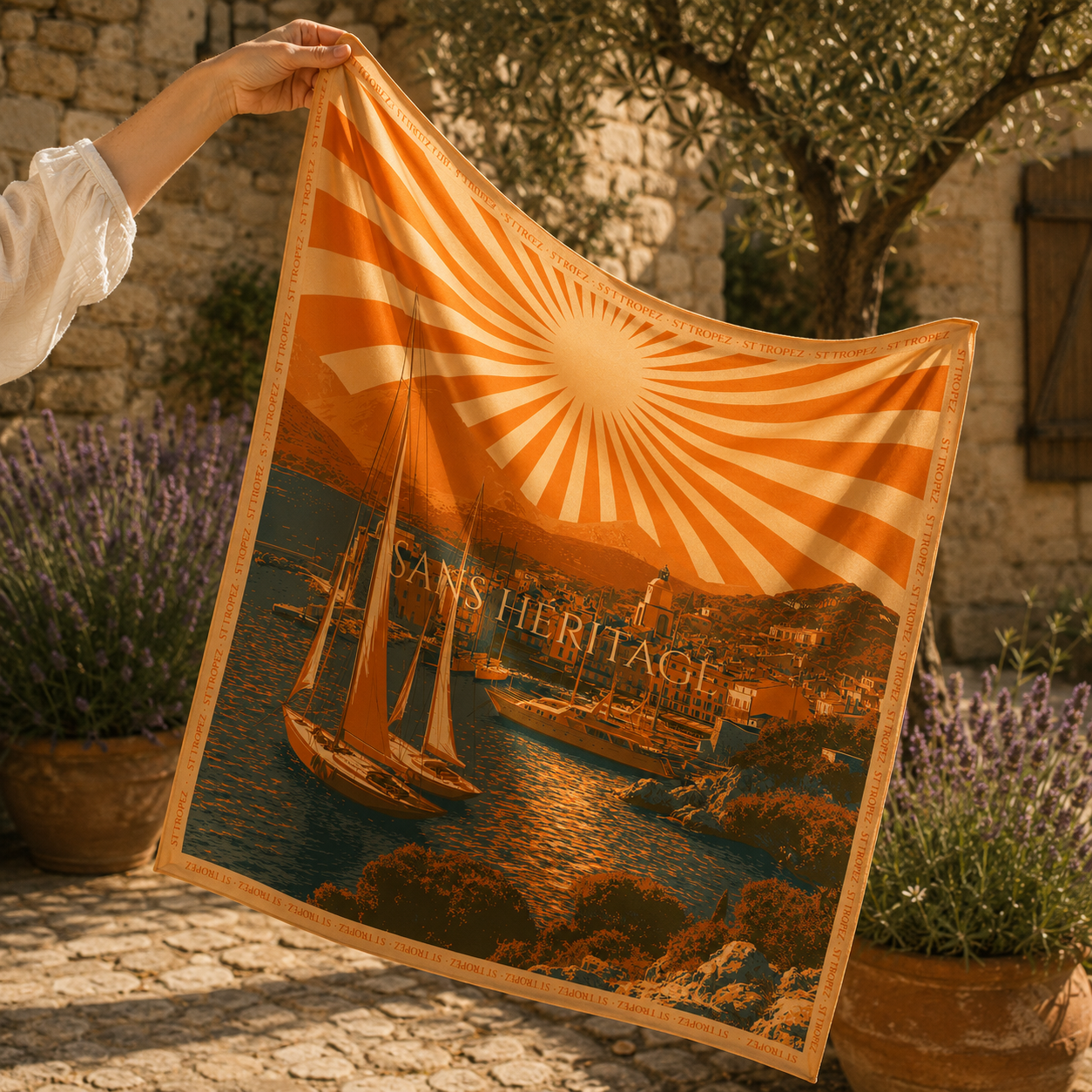 Saint-Tropez silk carré scarf – shown at scale – Sans Héritage