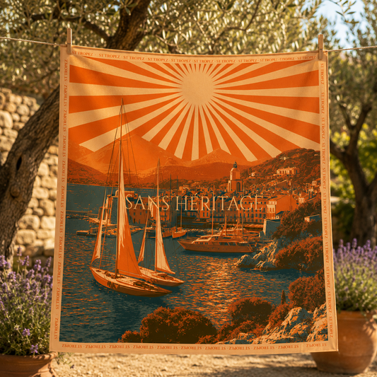 Saint-Tropez silk carré scarf – front view of the orange harbor design – Sans Héritage