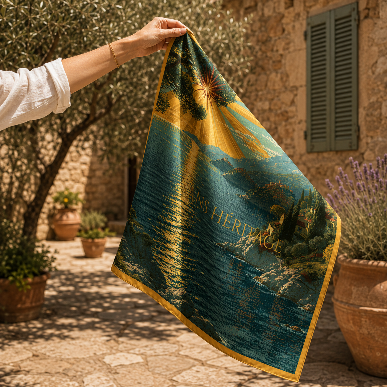 The Map silk carré scarf – shown at scale – Sans Héritage