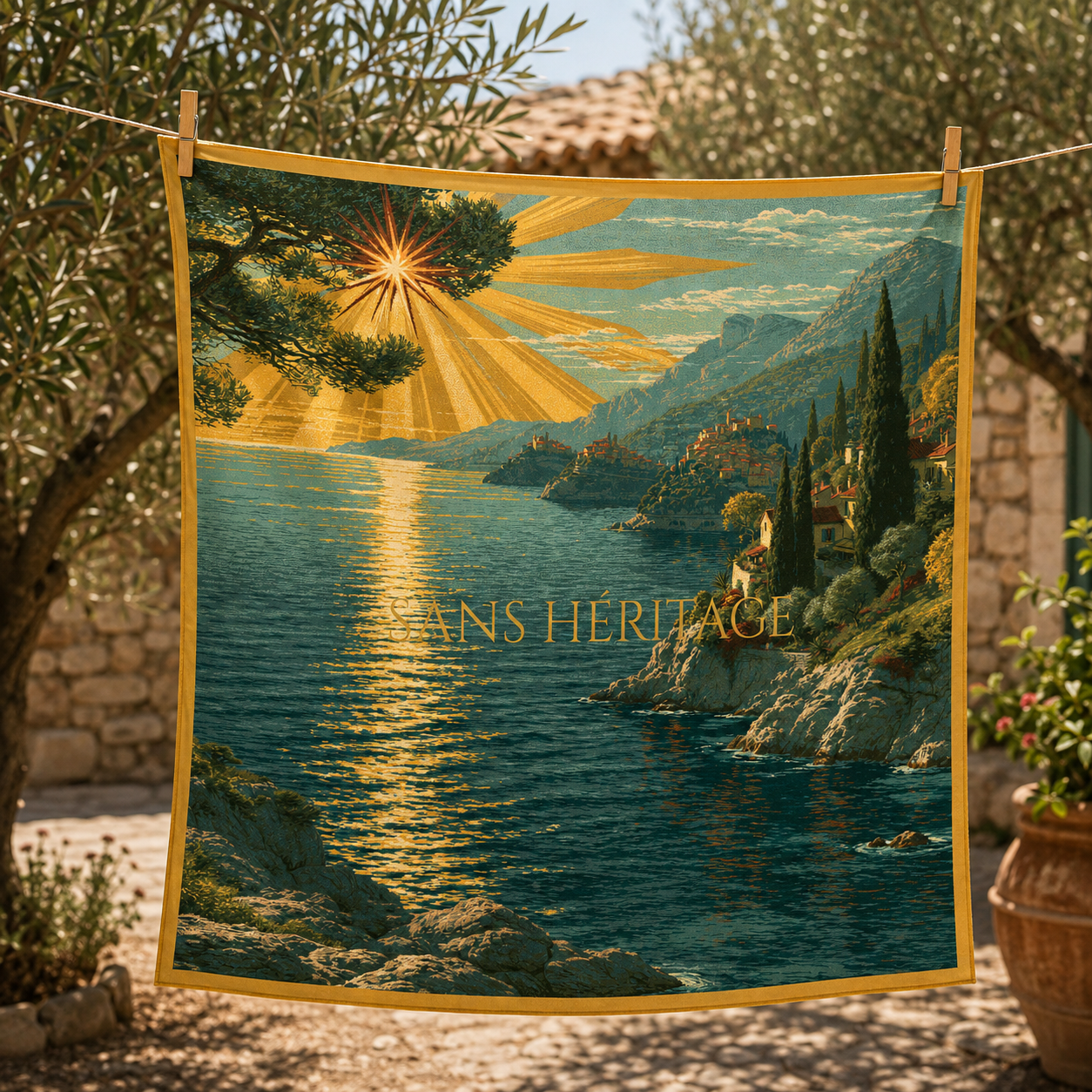 The Map silk carré scarf – front view of the Riviera coastline design – Sans Héritage